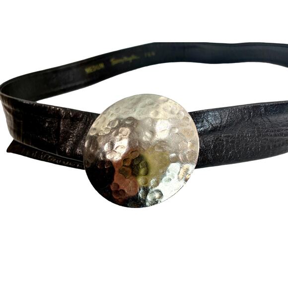 Vintage Thierry Mugler Black Leather Belt Hammered Silver Disc Buckle M main image 11